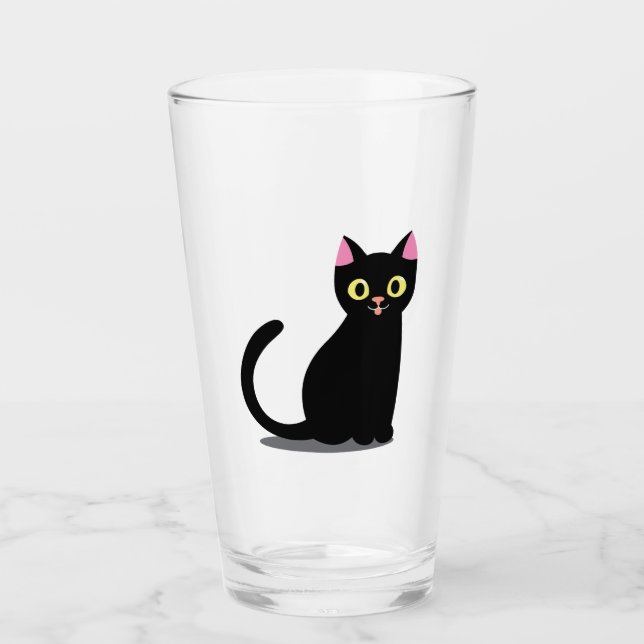 Happy Black Cat Cartoon Glass (Front)