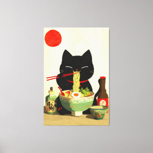 Happy Black Cat Eating Ramen   Japanese Ukiyo-e Canvas Print