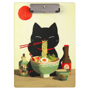 Happy Black Cat Eating Ramen   Japanese Ukiyo-e Clipboard