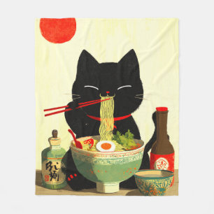 Happy Black Cat Eating Ramen Japanese Ukiyo-e Fleece Blanket