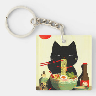 Happy Black Cat Eating Ramen   Japanese Ukiyo-e Key Ring
