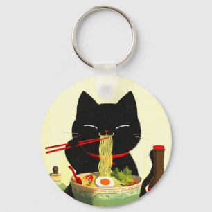 Happy Black Cat Eating Ramen   Japanese Ukiyo-e Key Ring