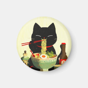 Happy Black Cat Eating Ramen Japanese Ukiyo-e Magnet