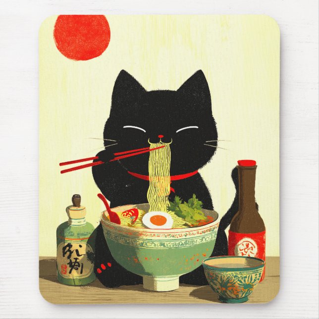 Happy Black Cat Eating Ramen | Japanese Ukiyo-e Mouse Mat (Front)