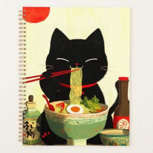 Happy Black Cat Eating Ramen Japanese Ukiyo-e Planner