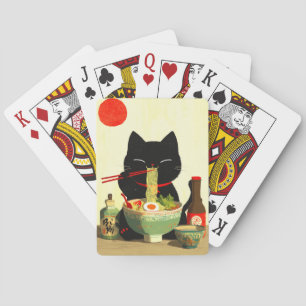 Happy Black Cat Eating Ramen Japanese Ukiyo-e Playing Cards