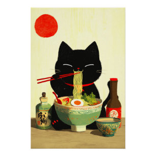Happy Black Cat Eating Ramen   Japanese Ukiyo-e Poster