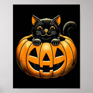 Happy Black Cat In Pumpkin Halloween Costume For Poster