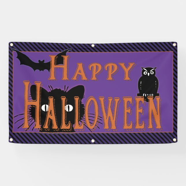 Happy Black Cat, Owl and Bat Halloween Banner (Horizontal)