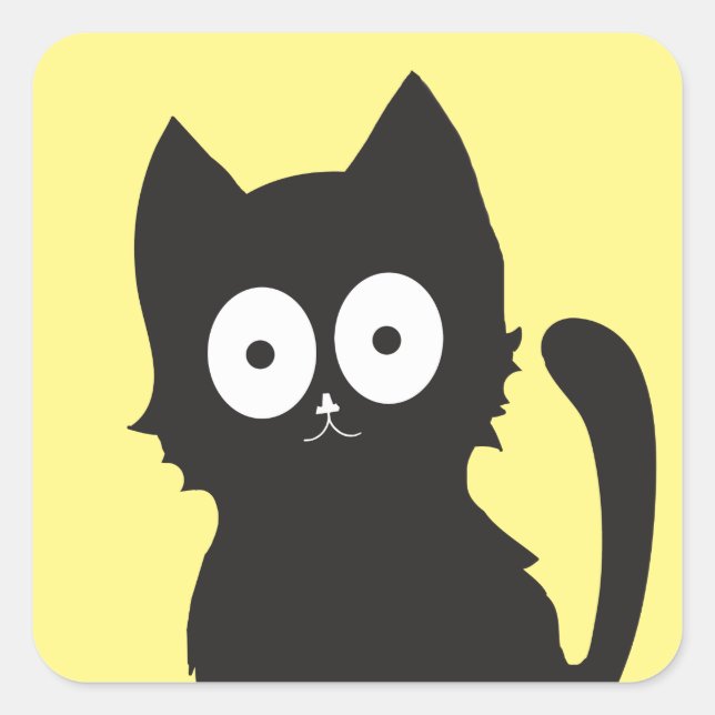 Happy Black Cat Silhouette on Yellow Square Sticker (Front)