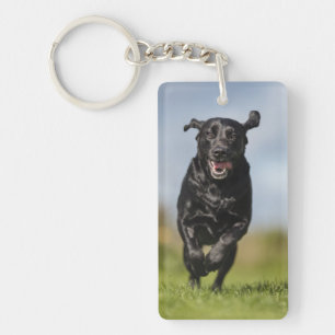 Happy Black Labrador Retriever Running Key Ring