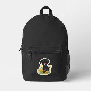 Happy Black Puppy in Wildflowers Printed Backpack