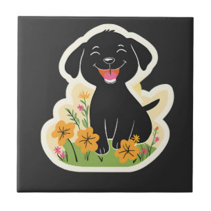 Happy Black Puppy in Wildflowers Tile