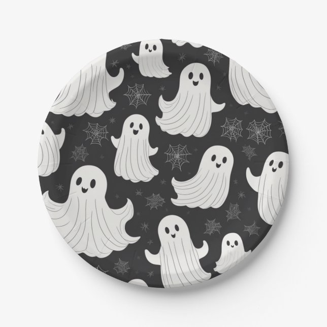 Happy Black & White Halloween Ghost Paper Plate (Front)