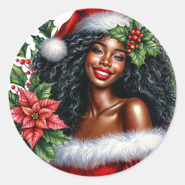 Happy Black Woman Christmas Classic Round Sticker (Front)