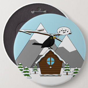 Happy Blackbird Singing in Winter Landscape 6 Cm Round Badge
