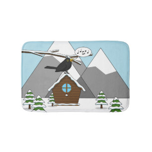 Happy Blackbird Singing in Winter Landscape Bath Mat
