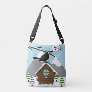 Happy Blackbird Singing in Winter Landscape Crossbody Bag