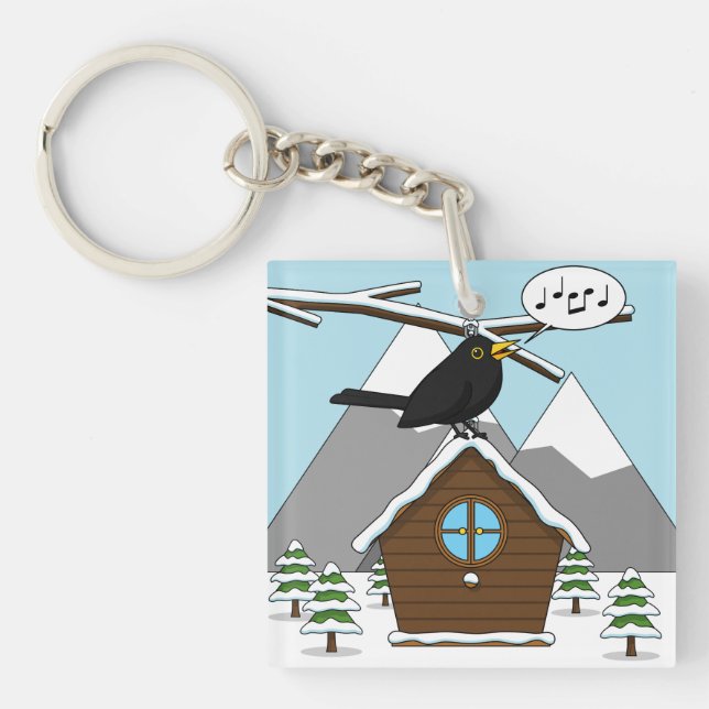 Happy Blackbird Singing in Winter Landscape Key Ring (Front)