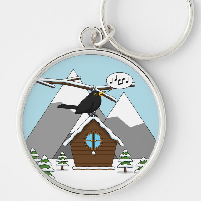 Happy Blackbird Singing in Winter Landscape Key Ring (Front)