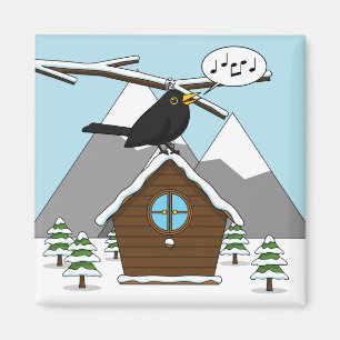 Happy Blackbird Singing in Winter Landscape Magnet
