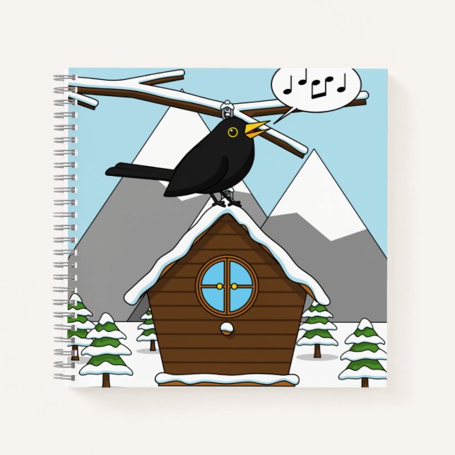 Happy Blackbird Singing in Winter Landscape Notebook (Front)