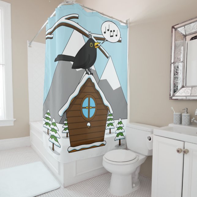 Happy Blackbird Singing in Winter Landscape Shower Curtain (In Situ)