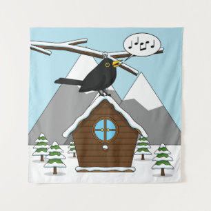 Happy Blackbird Singing in Winter Landscape Tapestry