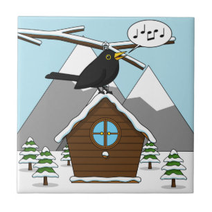 Happy Blackbird Singing in Winter Landscape Tile