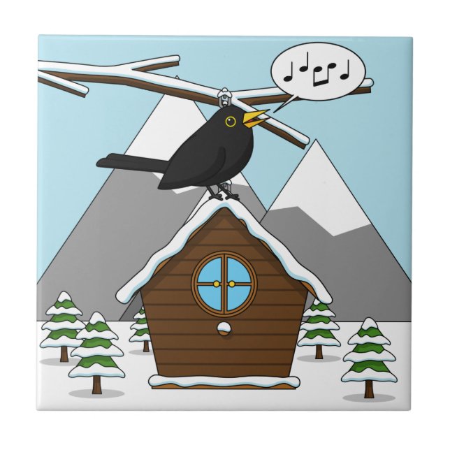 Happy Blackbird Singing in Winter Landscape Tile (Front)