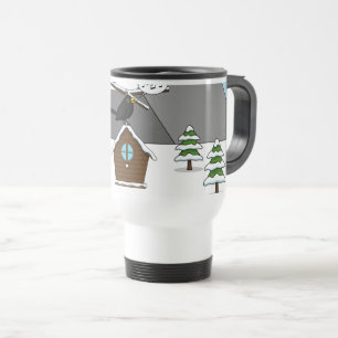 Happy Blackbird Singing in Winter Landscape Travel Mug