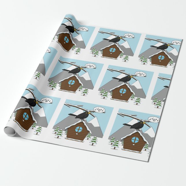 Happy Blackbird Singing in Winter Landscape Wrapping Paper (Unrolled)