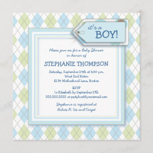 Happy Blue Argyle Boy Baby Shower Invitation