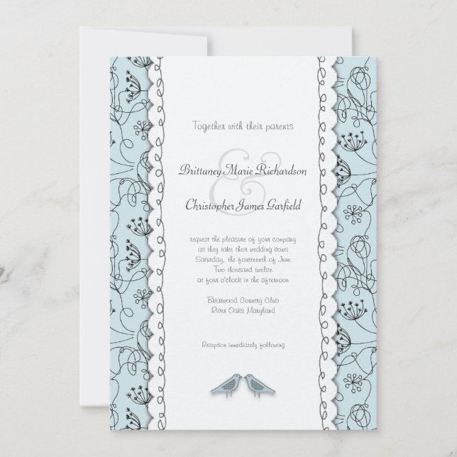Happy Blue Birds Wedding Doodle Trendy Budget Invitation (Front)