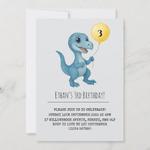Happy Blue Dinosaur Holding Balloon Birthday Invitation