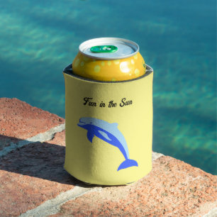 Happy Blue Dolphin, Cute Tropical Ocean Cartoon Can Cooler