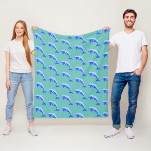 Happy Blue Dolphin, Cute Tropical Ocean Cartoon Fleece Blanket