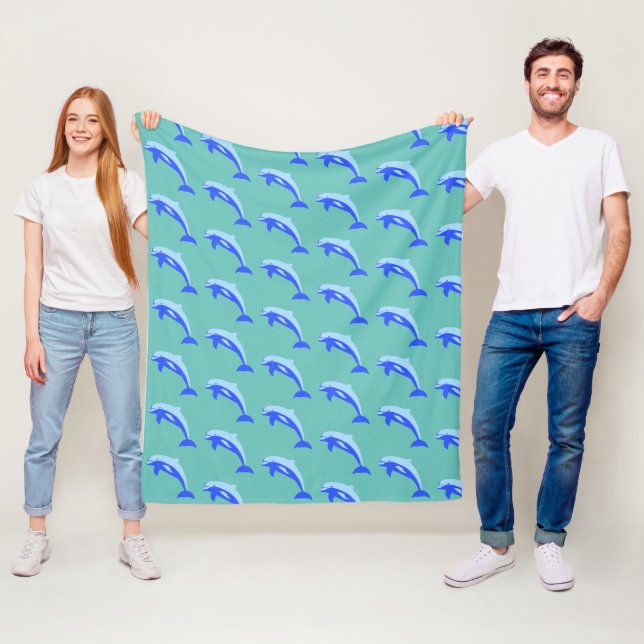 Happy Blue Dolphin, Cute Tropical Ocean Cartoon Fleece Blanket (In Situ)