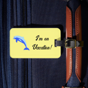 Happy Blue Dolphin, Cute Tropical Ocean Cartoon Luggage Tag