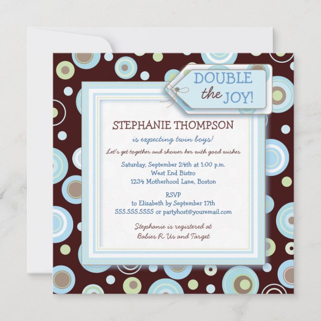 Happy Blue Dots Twin Boy Baby Shower Invitation (Front)