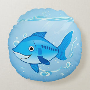 Happy Blue Fish in an Underwater Scene Round Cushion