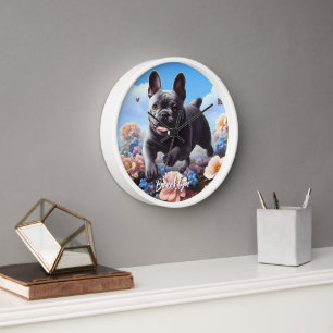Happy Blue French Bulldog & Flowers Clock