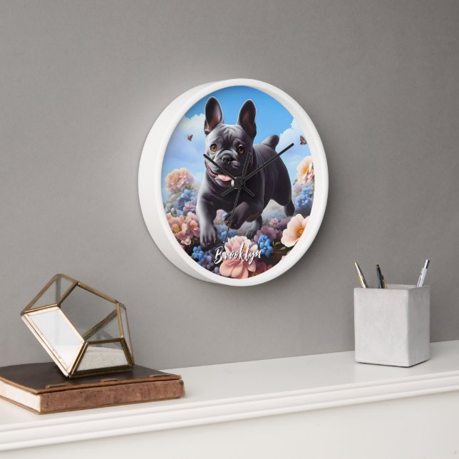 Happy Blue French Bulldog & Flowers  Clock (Office)