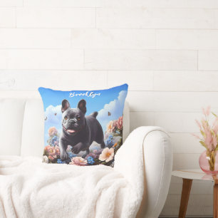 Happy Blue French Bulldog & Flowers  Cushion