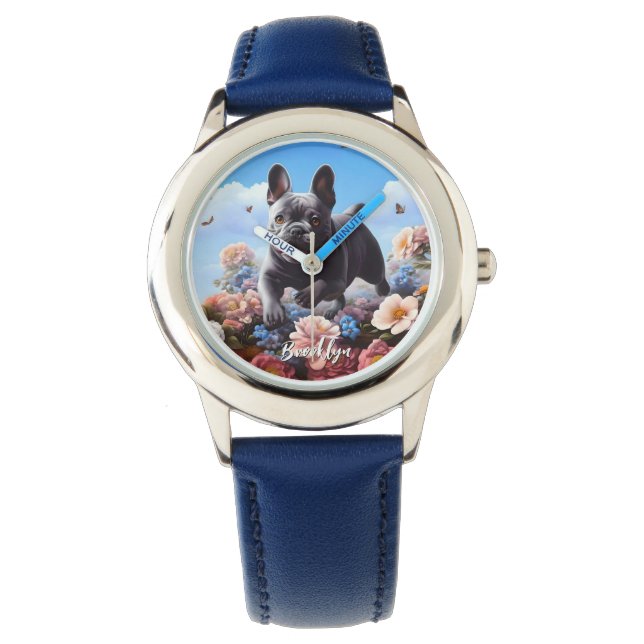 Happy Blue French Bulldog & Flowers  Watch (Front)