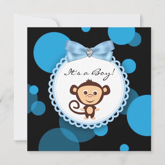 Happy Blue Monkey Baby Shower Invitation (Front)