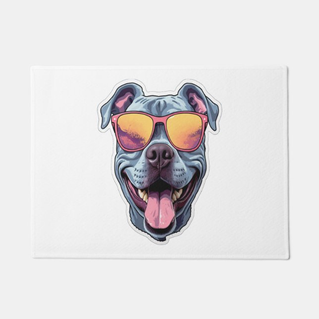 Happy Blue Pitbull Wearing Sunglasses   Doormat (Front)