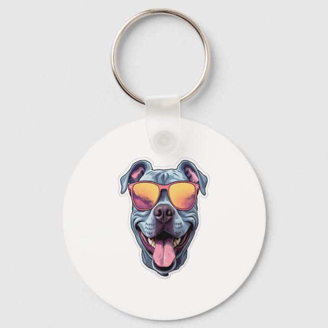 Happy Blue Pitbull Wearing Sunglasses   Key Ring (Front)