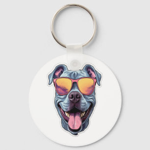 Happy Blue Pitbull Wearing Sunglasses   Key Ring