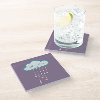Happy Blue Rain Cloud Raining Pink Hearts Glass Coaster